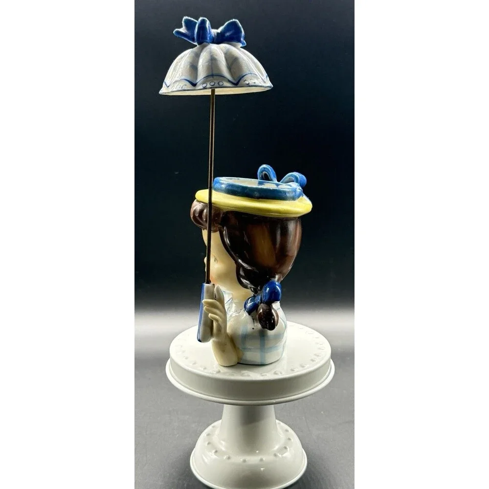 Vintage Napco 1950s Ceramic Girl Head Planter with Pigtails and Umbrella JAPAN